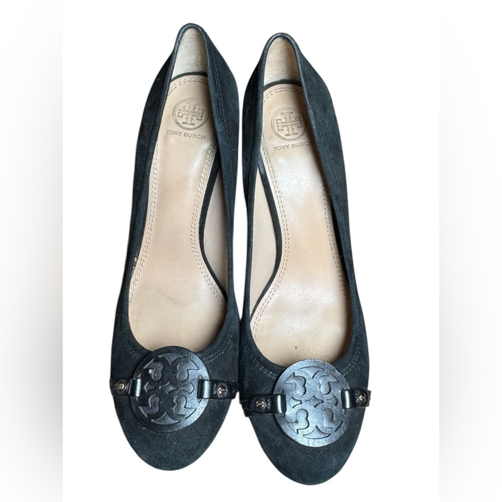 Tory Burch Black Suede Loafers with Embossed Logo